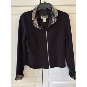 INDICATIONS Black Zipper Front Jacket Metallic‎ Trim Blazer Women's Size 8